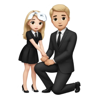  Sabrina carpenter kneeling down wearing a black dress with a tie, putting her hand on man’s leg who is standing  sticker