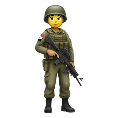 A soldier holds the of the palestine sticker