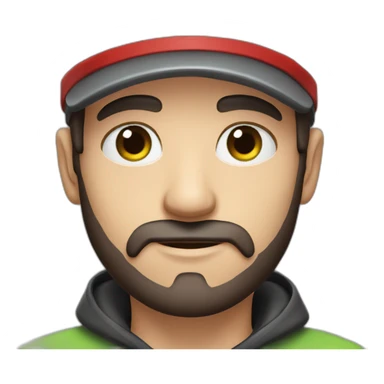 Man, thin face, dark brown beard, 10cm long, up to his nose, protruding ears, green eyes, wearing black and red cap. sticker