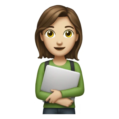 Web designer carrying a computer in her hands. white woman with medium-length brown hair, green eyes and freckles on her nose. sticker