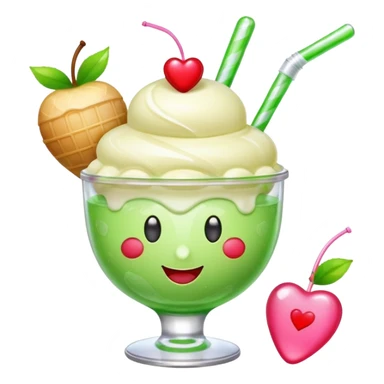 Create an emoji with a clear rounded glass, bright transparent green soda, vanilla ice cream scoop, two red cherries, pink heart-shaped straw, simple shapes, bright colors, glossy, kawaii style, centered, transparent background
 sticker