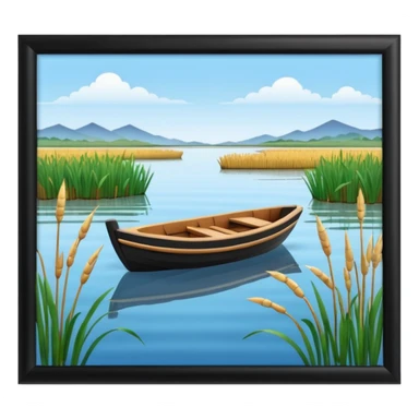 A 3D cartoon small boat floating on estuary water with nearby reeds and a distant horizon, bright lighting, realistic reflections, shown inside a simple wooden photo frame, Memoji-style rendering. sticker