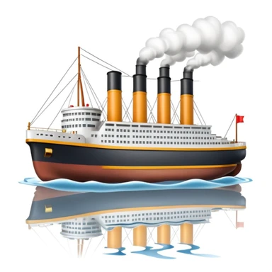 small 3D Titanic ship emoji in Apple style, glossy and bright, with simplified windows and smokestacks, floating on calm ocean, no faces, soft shadows, high-quality render, isolated on white sticker