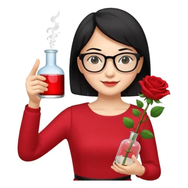 female asian chemistry teacher wearing glasses holdin a flask pointing right with straight short hair to her shoulders wearing a red dress with roses on it and black hair and make the glasses more retangle and make her hold a flash with one hand and with the other point right and make her smile sticker