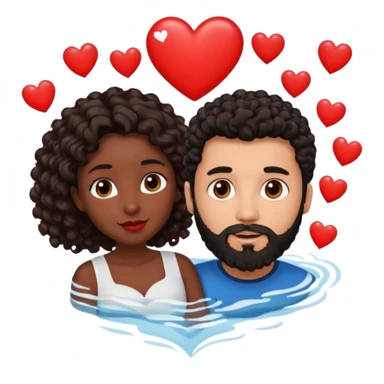 pareja de Mujer morena rizada cabello largo castaño ojos oscuros y hombre blanco cabello negro corto (no es rizado) con barba  y ojos marron al rededor de la pareja corazones sticker