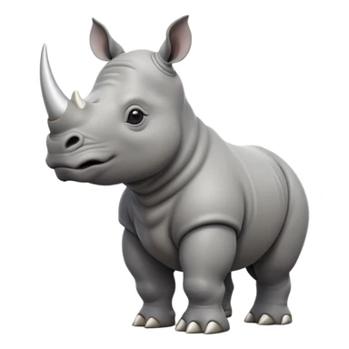cinematic-rhino-full-body-standing-emoji,white horn, slate grey skin -massive-body-poised-powerfully,-thick-horn-curving-slightly-forward,-head-tilted-dramatically,-rough-grey-hide-covered-in-dust,-simplified-focused-features, large cute black eyes sticker