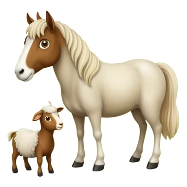 Icon for Domestic Hooved Animals: A gentle collage featuring a horse with a flowing mane, a brown goat with large, curious eyes, a calm sheep with soft wool. Background with a green pasture and a few hay bales. Transparent background. sticker