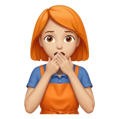 scared woman with her hands on her mouth, different details, more details, sideways pose, orange apron sticker