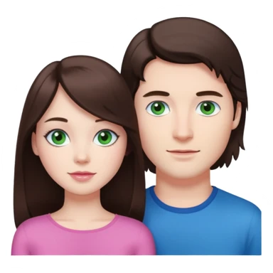 pink polaroid photo of a couple thats white with long brunette hair blue eyes and a white guy with short brunette hair and green eyes sticker