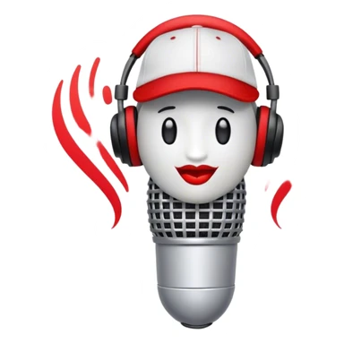 Create a dynamic and energetic emoji that represents beatboxing. The design should feature a stylized microphone with lips and sound waves emanating from it and baseball cap on it, symbolizing vocal percussion and rhythm. Add elements like headphones or a subtle speaker to emphasize the music production aspect. Use bold colors like black, white, and red to convey the intensity and creativity of beatboxing. The background should be transparent. sticker