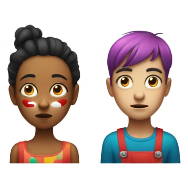 very very Annoyed girl next to boy with a clown face sticker