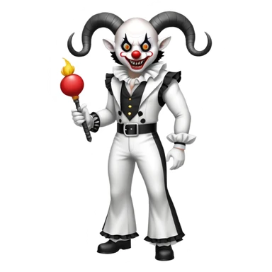 full-body muscular demonic clown in black and white leisure suit with bellbottom pants, bald, black ram horns, flashy black and white belt, ruffled white shirt, no neck tie, large fangs sticker