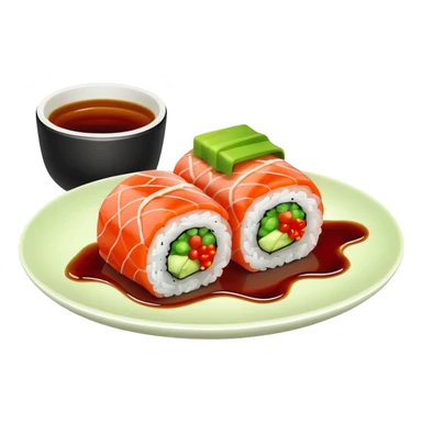 sushi roll on plate with green wasabi blob and small red chili sticker