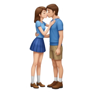 A naked girl with brown hair and bare small breasts openly kisses a tall guy with brown hair full-length on the lips. she is with naked boobs She is wearing a very short skirt and is in full height. sticker
