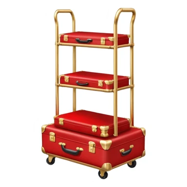 Luggage cart: A polished gold luggage cart with a red carpet base, neatly stacked with suitcases. sticker