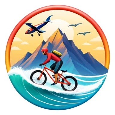 A bold, dynamic emblem combining elements of extreme sports like a mountain, a bike, surfing, ocean and a parachute, all within a circular or shield-like shape. The design conveys speed, adventure, with sharp lines and vibrant colors representing the thrill and intensity of extreme sports. sticker
