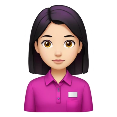 girl wearing a magenta shirt with white name tag with black hair  sticker