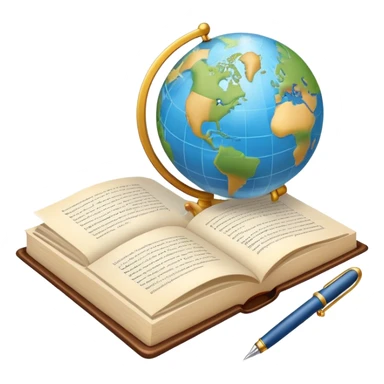 An icon featuring an open book, a speech bubble, and a pen, symbolizing philology and linguistics. The design includes a globe with language characters and grammar symbols, representing the study of languages and literature. Transparent background highlights language analysis. sticker