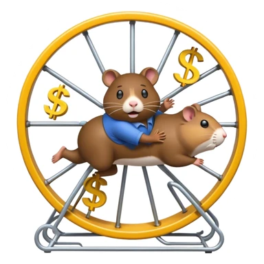 Create an emoji of a tired, overworked entrepreneur running on a hamster wheel, chasing a floating dollar sign or a bag of money. The character has dark circles under their eyes, looks exhausted, and appears stuck in an endless cycle. The hamster wheel represents constant struggle, while the money is always just out of reach. The style should be clean and easily recognizable as an emoji

 sticker