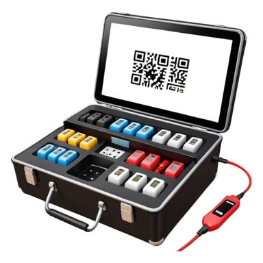 Open professional black testing case on wooden desk. Interior: control panel with colored sockets, USB ports, and power outlet. Inside: a roll of white QR-code calibration stickers.  red test probe.  sticker