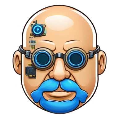 Fat bald cyborg head with tan skin, blue beard, blue steampunk goggles and circuits sticker
