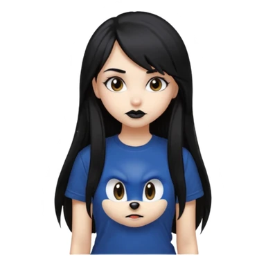 make a goth attractive girl with straight long black hair, side bangs, with brown eyes and wearing sonic clothes  sticker