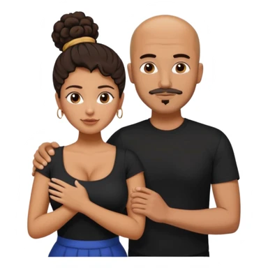 A picture of a tanned couple with the man's arm on her. the man is a Mexican man with tanned skin, a bald hair cut, short beard and wearing a black shirt. the woman is mixed, with curly dark brown hair in a messy bun and with big boobs  sticker