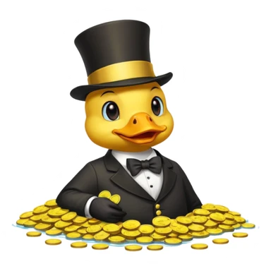 Duck character in top hat swimming in pile of gold coins and money bags sticker