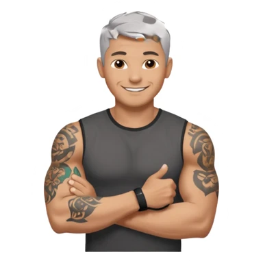 un homme de 35 ans, cheveux très court gris, qui sourit, musclé avec le bras droit tatoué et un tee shirt noir sticker