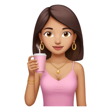 a pretty fair indian bratz girl with a pink cami top, drinking takeaway brown coffee, golden dainty necklace and carrying a white bag sticker