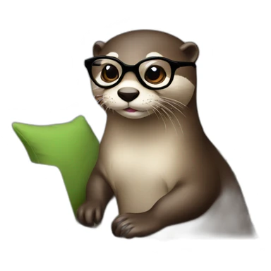 female otter with glasses use a macbook while seated against a pillow sticker