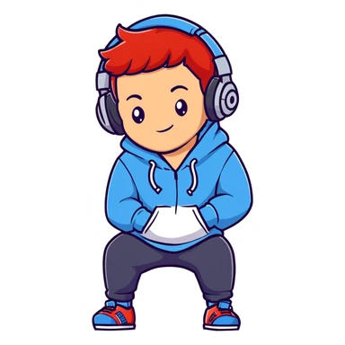 young red-haired boy wearing headphones and a hoodie with 'woojuo' printed on the chest, confident expression, simple and bright style, suitable for emoji or avatar sticker