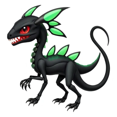 Obsidian-black and neon-glowing-green skeletal Meloetta-Salandit-Gorebyss-Salazzle-Pokémon-Fakémon-creature-fusion-hybrid with glowing crimson-red evil slit eyes sticker
