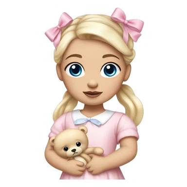 Little  babygirl with White skin, blue eyes. Light blonde hair in two ponytails, with light pink bows.  She is wearing a light pink and White dress, holding a teddybear with a pink bow. sticker