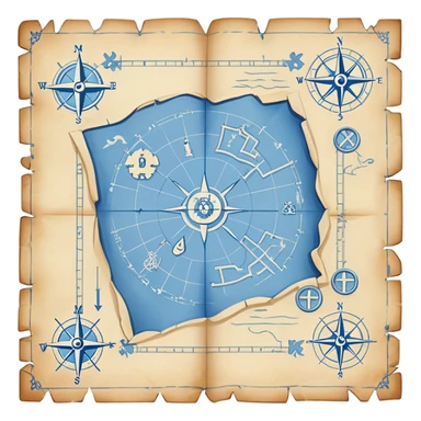blue blueprint plan with white treasure map symbols and a path sticker