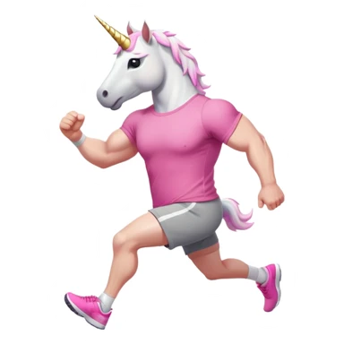 friendly anthropomorphised male white unicorn with a fit, chunky, muscular and strong physique, arms and legs matching the white of the head, in grey shorts and pink t-shirt, wearing dark sunglasses, jogging upright in a standard pose sticker