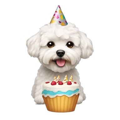 a white maltipoo with party hat and cake sticker