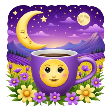 Coffee cup positioned with handle on the left, coffee cup with the moon on the coffee cup, in a field of beautiful mystical purple and yellow celestial flowers  sticker