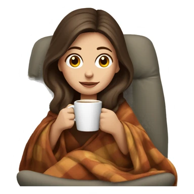 Brunette white girl covered in blanket autumn vibe sitting on a cozy chair holding coffee sticker