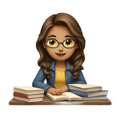 Girl with brown hair studying with lots of books sticker