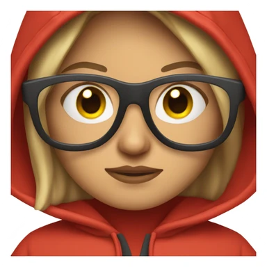 woman in a red hoodie closed over the face, showing only the glasses sticker