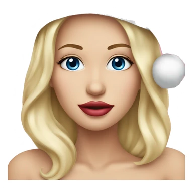 Beautiful blonde blue eyed woman, pink lips, wearing red santa hat sticker