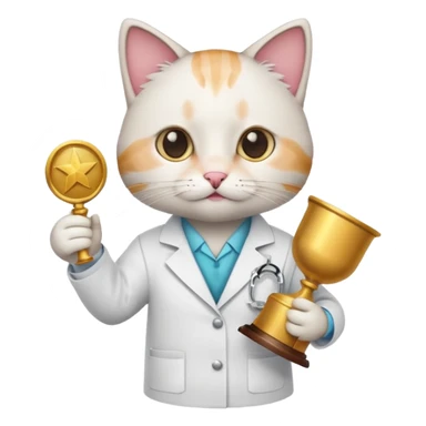 cat in a lab coat holding a research award sticker