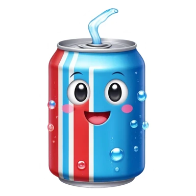 Cute Kawaii Soda Can, bubbly and vibrant, bright red and blue stripes, playful fizz popping around, a chubby happy face with wide sparkling eyes, energetic and refreshing! sticker