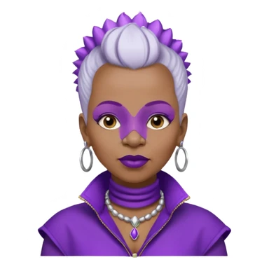 57yr old Qeen black woman with a white colored  natural hair mohawk style haircut adorning purple royalty clothing and purle lipstick, with a nose studs on each nostril  sticker