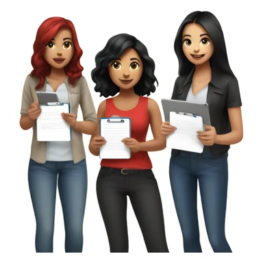 Latina with jet black hair, brunette girl, and a girl with bright red hair all conducting surveys on clipboards and ipads sticker