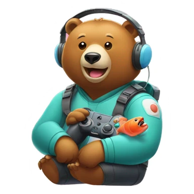 Bear wearing headset playing video game about catching salmon sticker