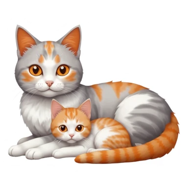 full body of a grey and white cat cuddling a very small + skinny ginger and white kitten with deep orange eyes and triangular shaped face lying down sticker