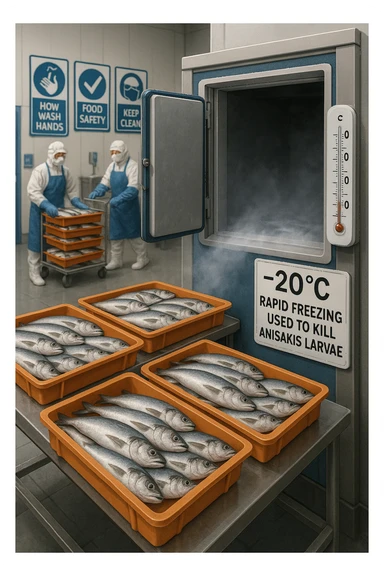 a fish processing facility where freshly caught fish are placed on trays and moved into a large industrial freezer. A temperature gauge shows -20°C, and an educational label explains that rapid freezing (abbattimento) is used to kill Anisakis larvae. The background includes workers in protective clothing and clear signage about food safety. in italiano sticker
