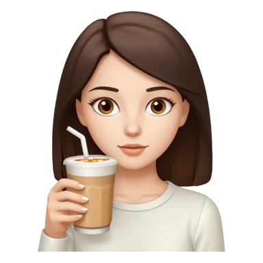 white brunette with brown eyes and a white outfit, drinking a caramel machiatto sticker
